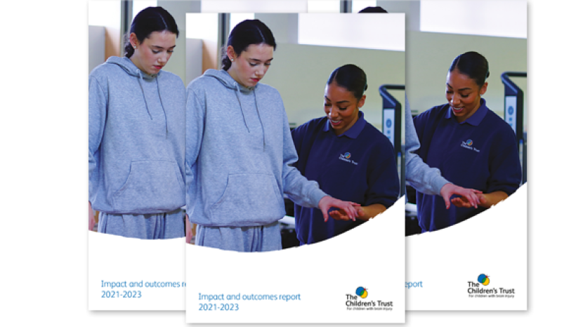 Impact and Outcomes Report 2021-2023. Cover shows Molly during a physiotherapy session
