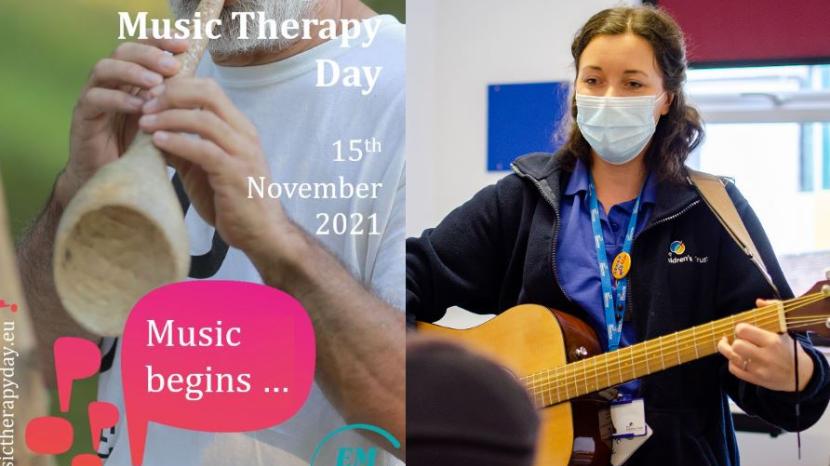 European Music Therapy Day poster joined with an image of Sophie playing the guitar