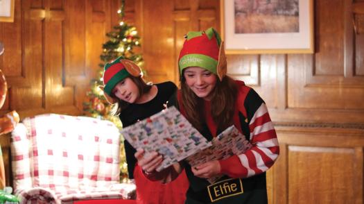 Two elves smiling at some presents