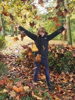 Bertie and Autumn leaves