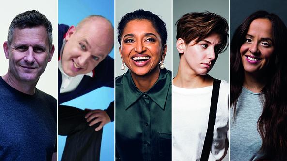 Portraits of five comedians
