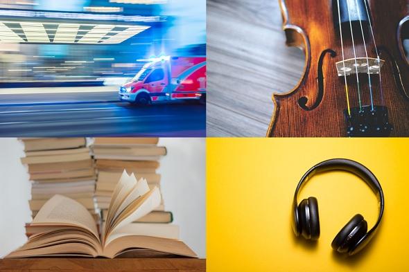 Ambulance, violin, book, headphones