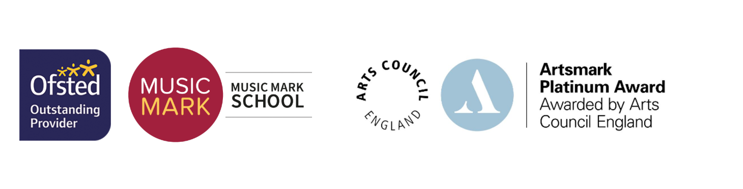 Ofsted Outstanding Provider, Music Mark School, Artsmark Platinum Award logos