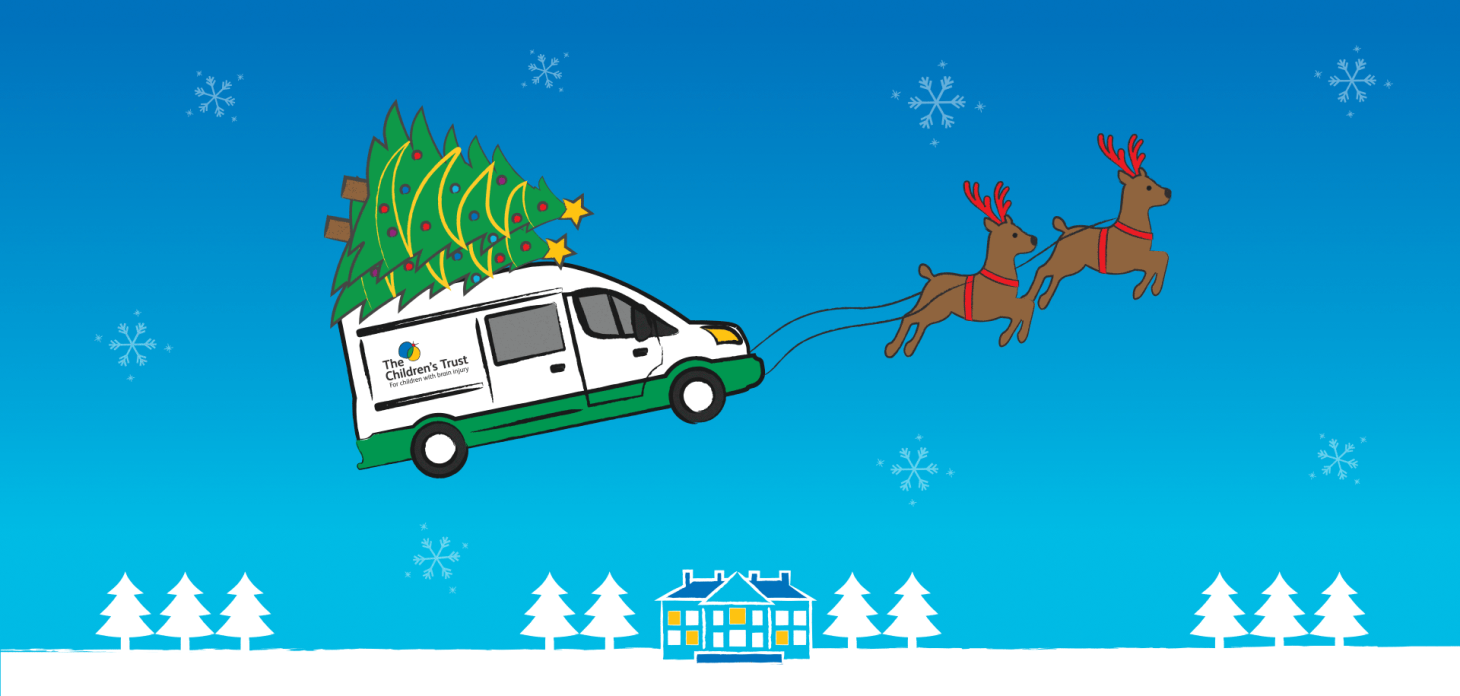 A drawing of The Children's Trust transport van being pulled into the sky by two reindeer.