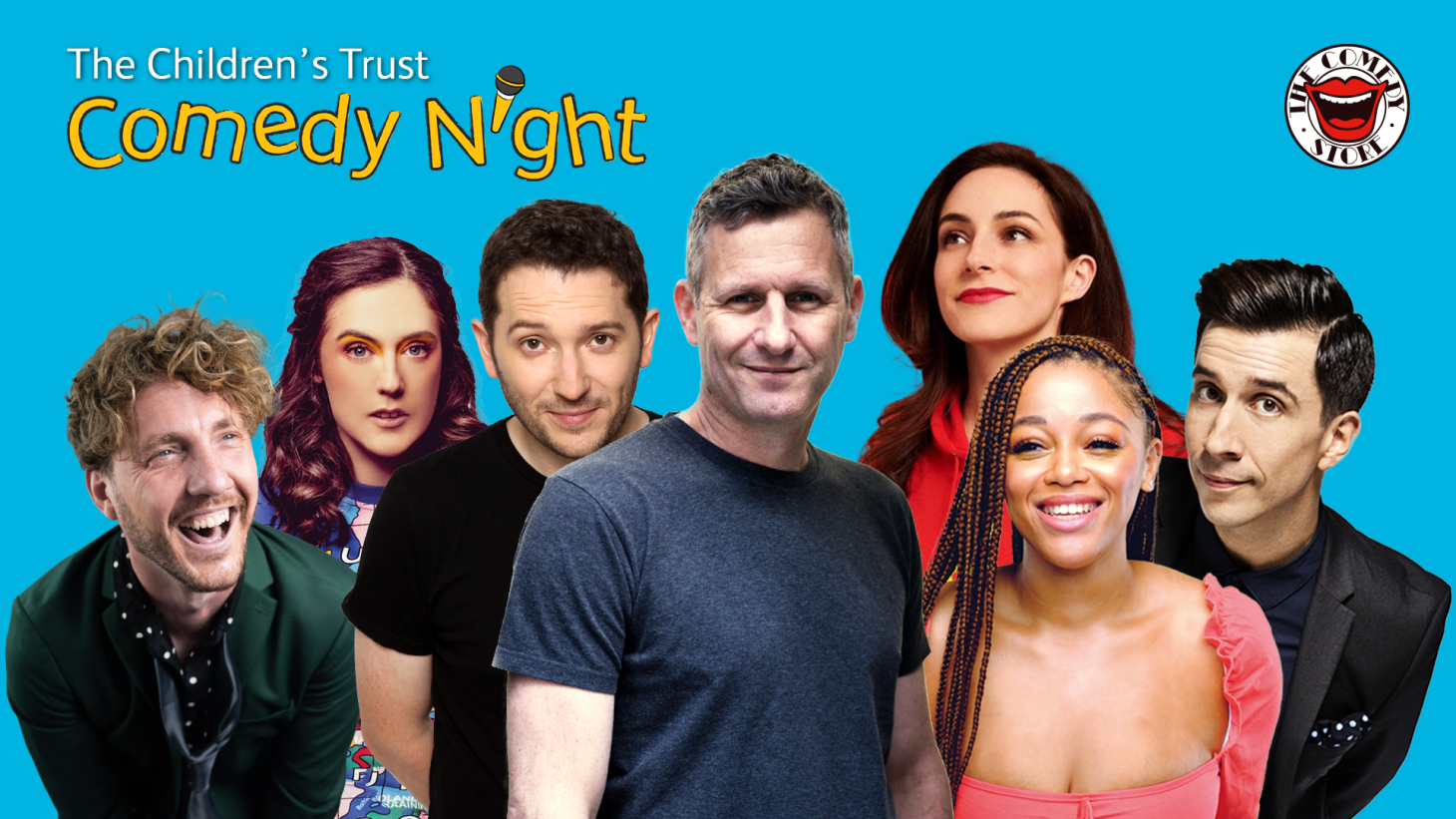 Comedians (left to right): Seann Walsh, Gráinne Maguire, Jon Richardson, Adam Hills, Janine Harouni, Kyra Gray, Russell Kane