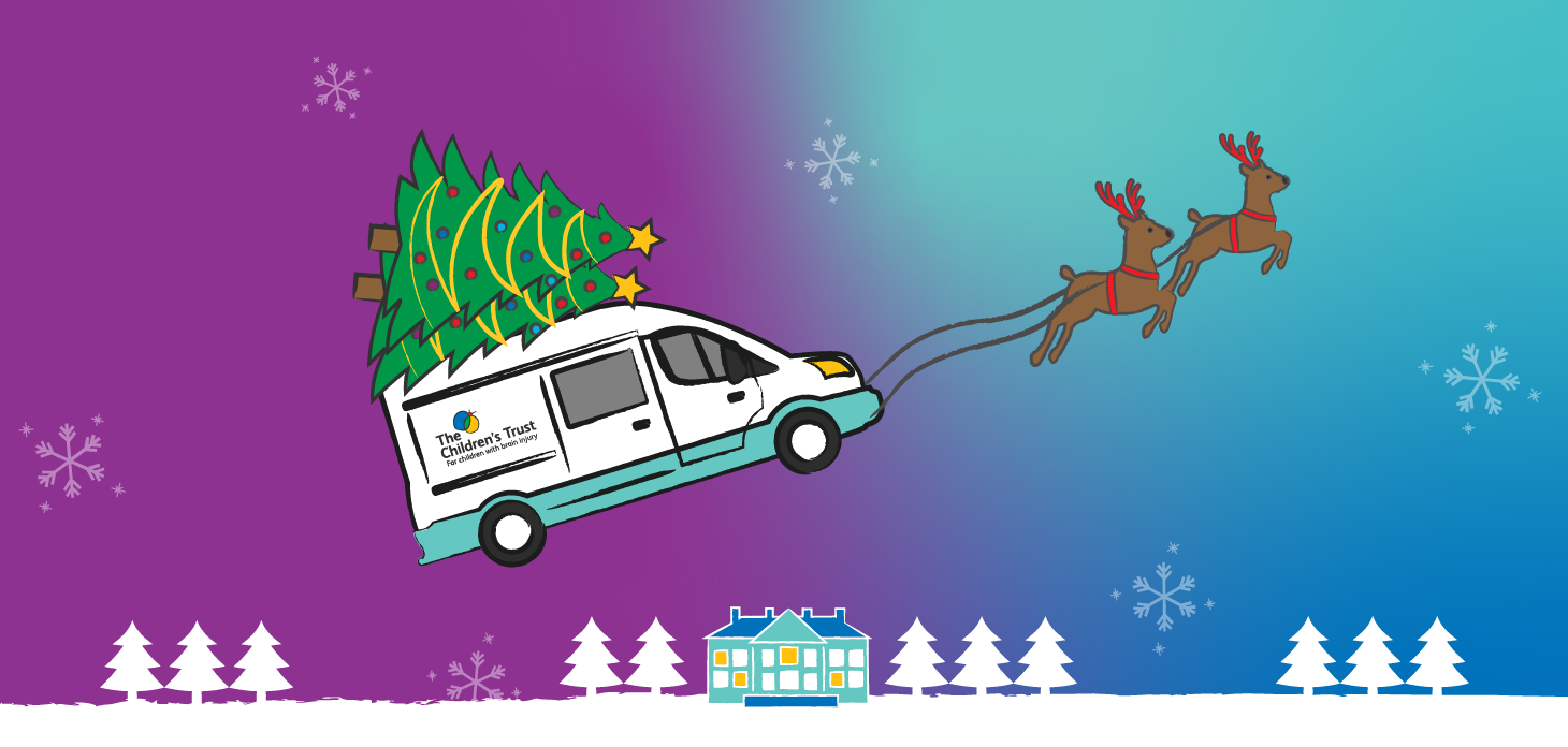 Illustration of The Children's Trust transport fleet in the sky being pulled along by reindeer.