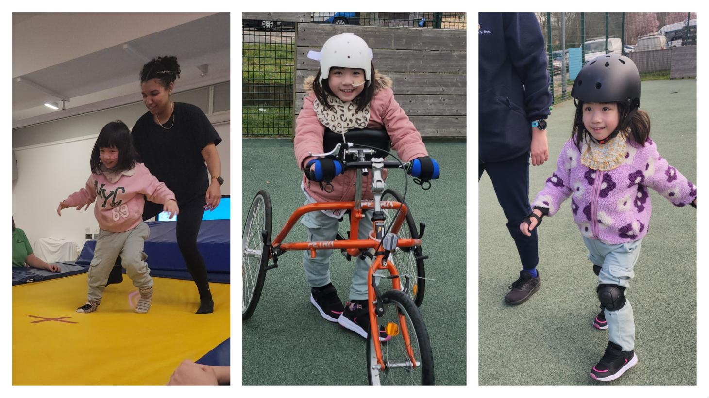 Photos of A-Ling standing on a trampoline, cycling and walking