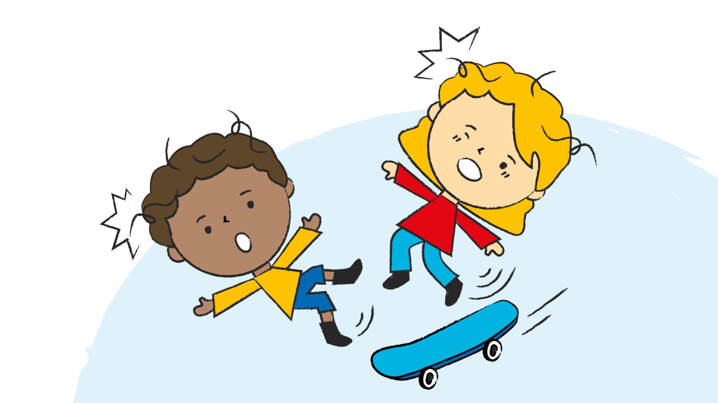 Illustration of two children falling off of a skateboard