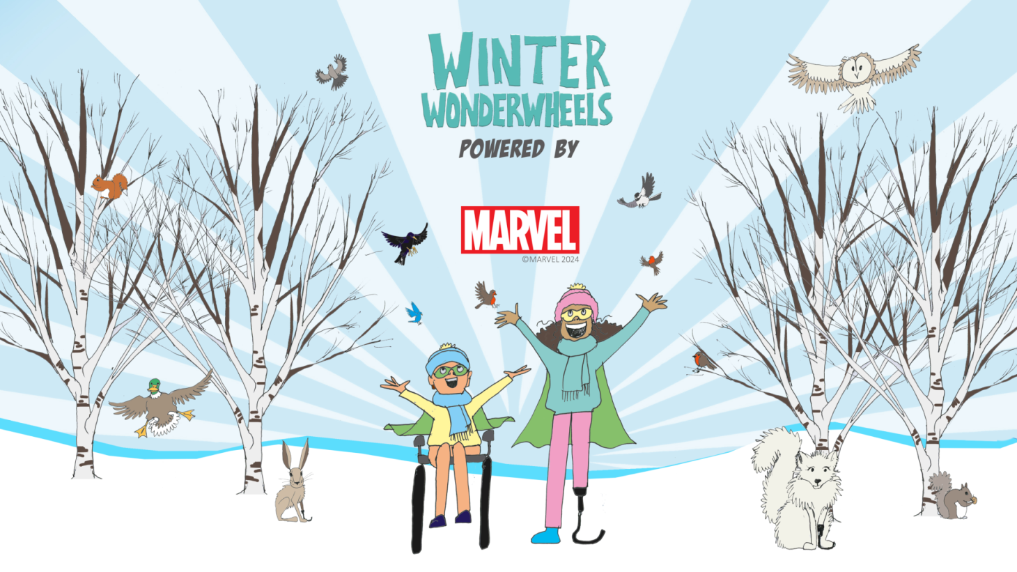 Illustration of two people with a physical disability in a snowy park, smiling and looking joyful up at the text which reads: Winter Wonderwheels powered by Marvel.