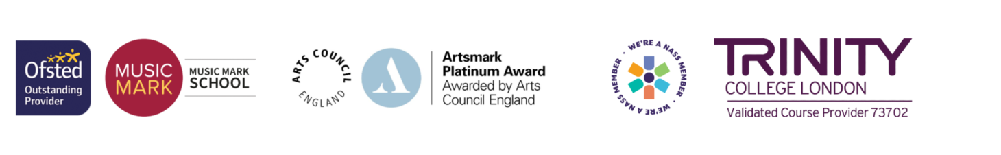 Ofsted Outstanding provider, Music Mark, Artsmark, NASS and Trinity College London logos