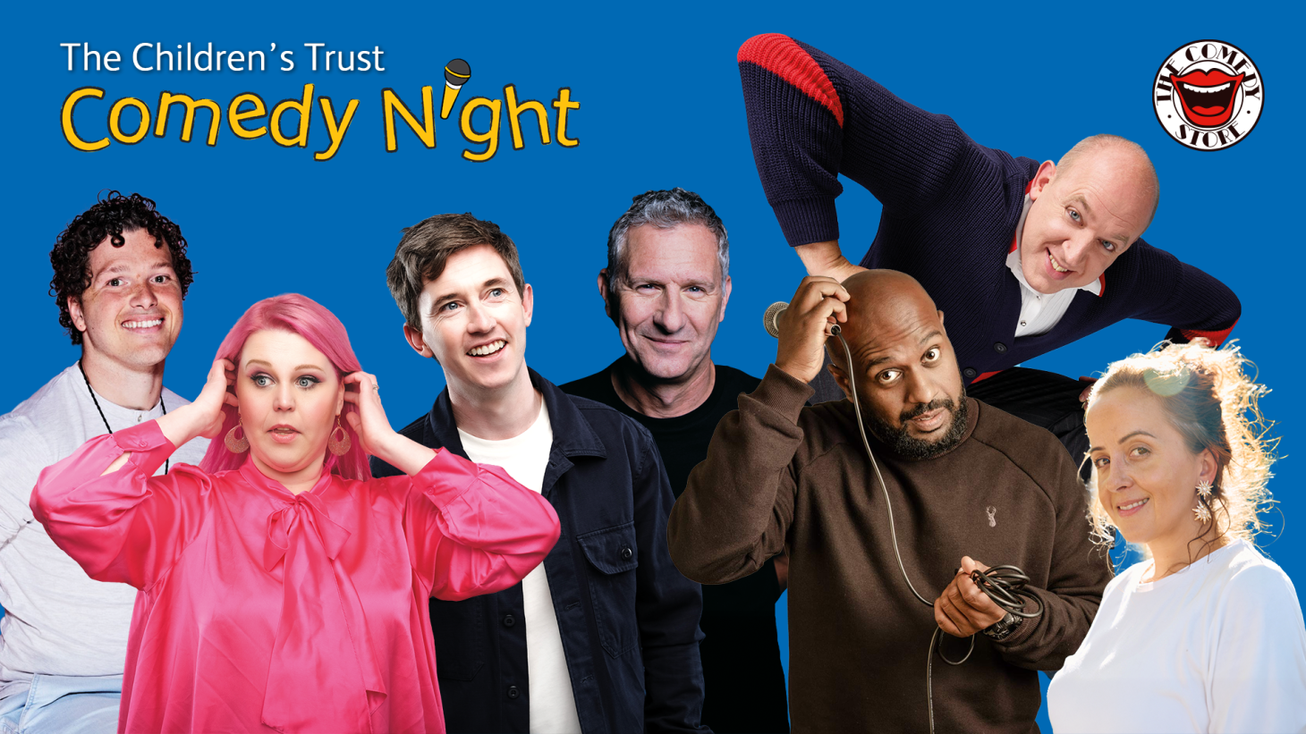 Image containing pictures of the comedy line-up: Adam Hills, Joshua Robertson,  Jake Lambert,  Dinesh Nathan,  Lindsey Santoro,  Luisa Omielan, Tim Vine