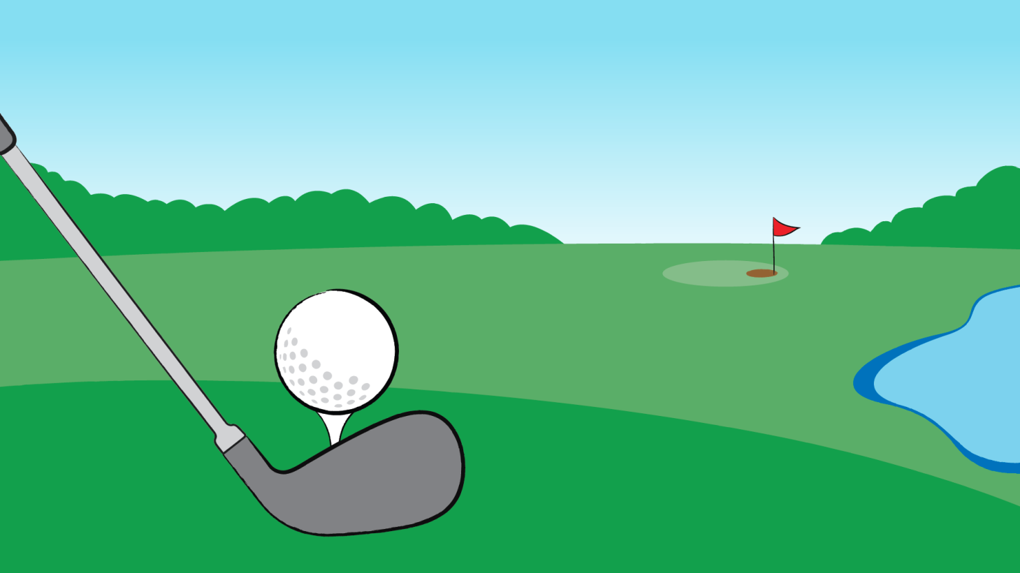 Illustration of golf course showing golf ball on a tee with golf club.