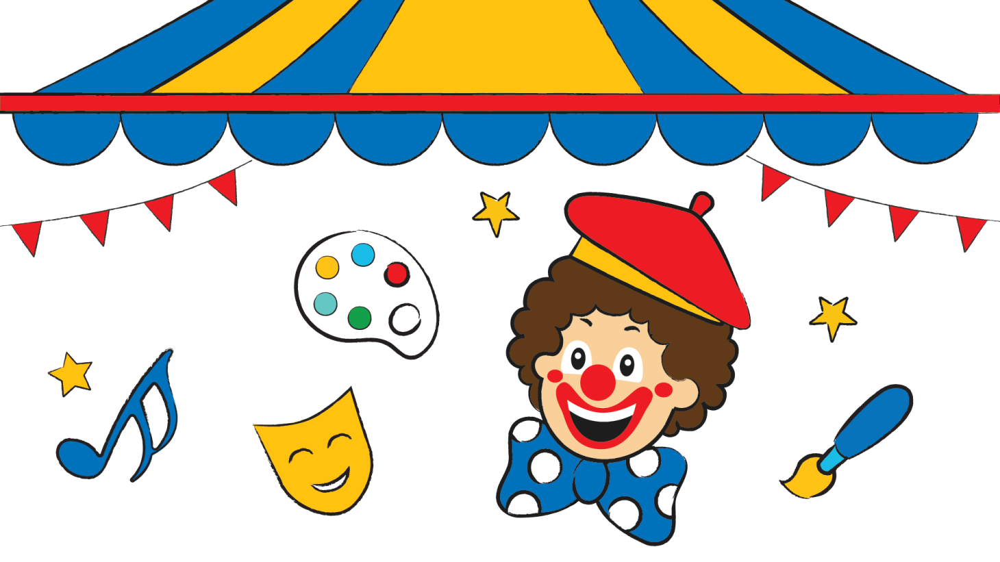 Illustration of a big top tent with a clown, musical note, paint pallet and brush and performance mask.
