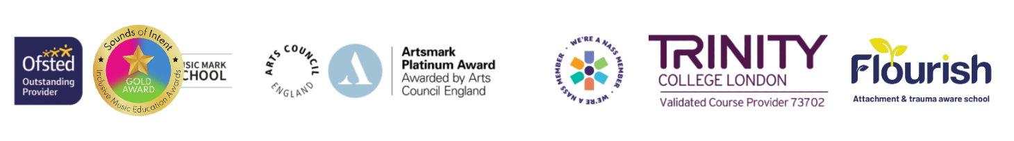Ofsted Outstanding provider, Sounds of Intent, Artsmark, NASS, Trinity College London and Flourish Attachment and Trauma Aware School accreditation logos