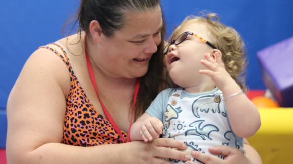 Teddie and his Mum Laura looking at each other and smiling