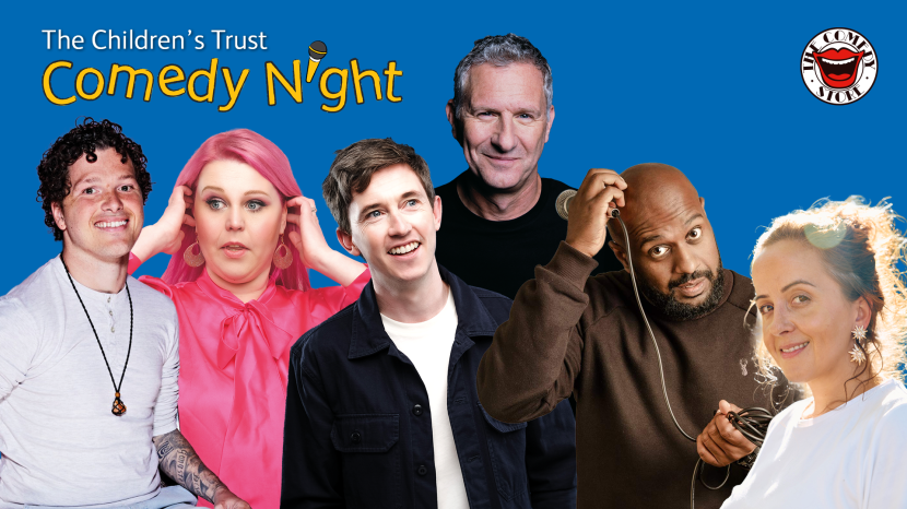Image containing pictures of the comedy line-up: Adam Hills, Joshua Robertson,  Jake Lambert,  Dinesh Nathan,  Lindsay Santoro  Luisa Omielan