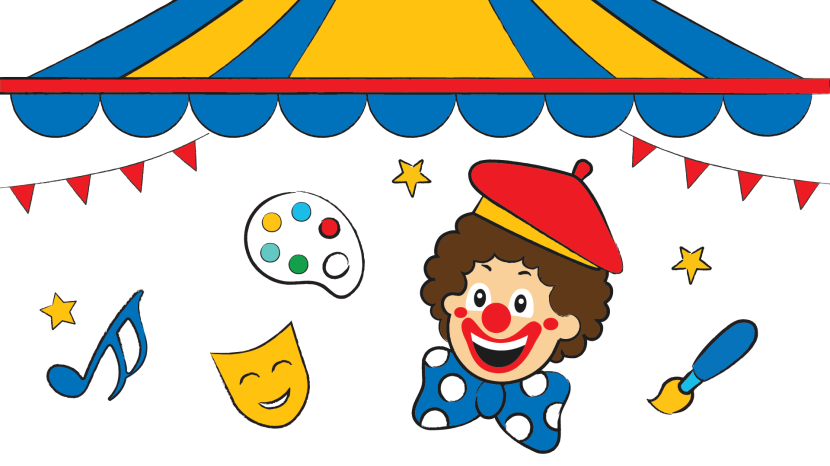 Illustration of a big top tent with a clown, musical note, paint pallet and brush and performance mask.