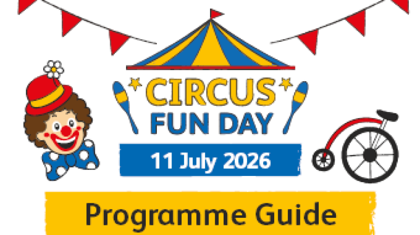 Circus Fun Day Programme Guide logo with illustration of clown and unicycle